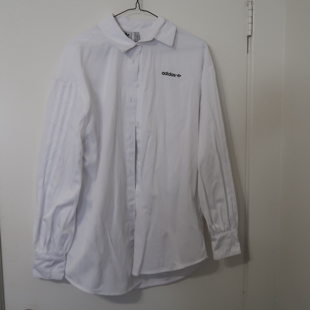 adidas long sleeve button down white blouse